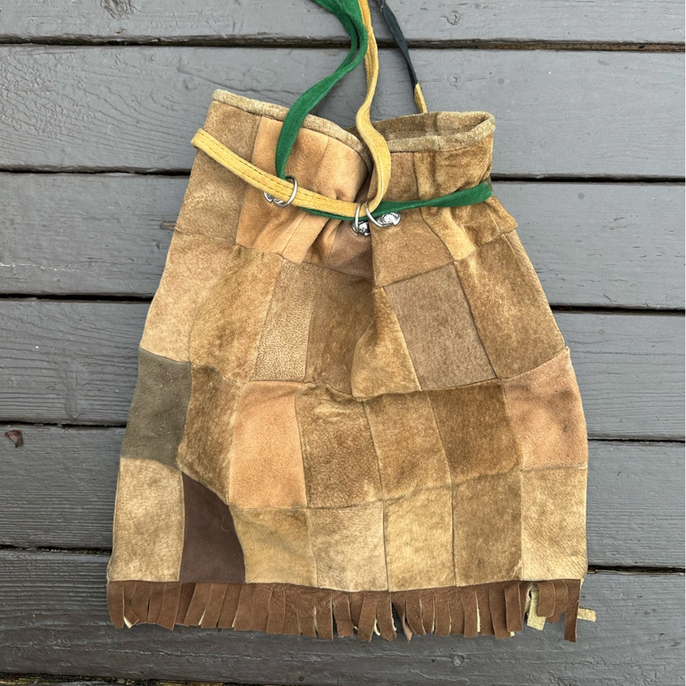 Vintage 70s Suede Patchwork Drawstring Purse W/ F… - image 6